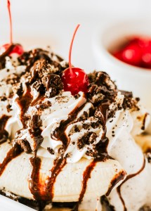 oreos, ice cream and bananas topped with cherries