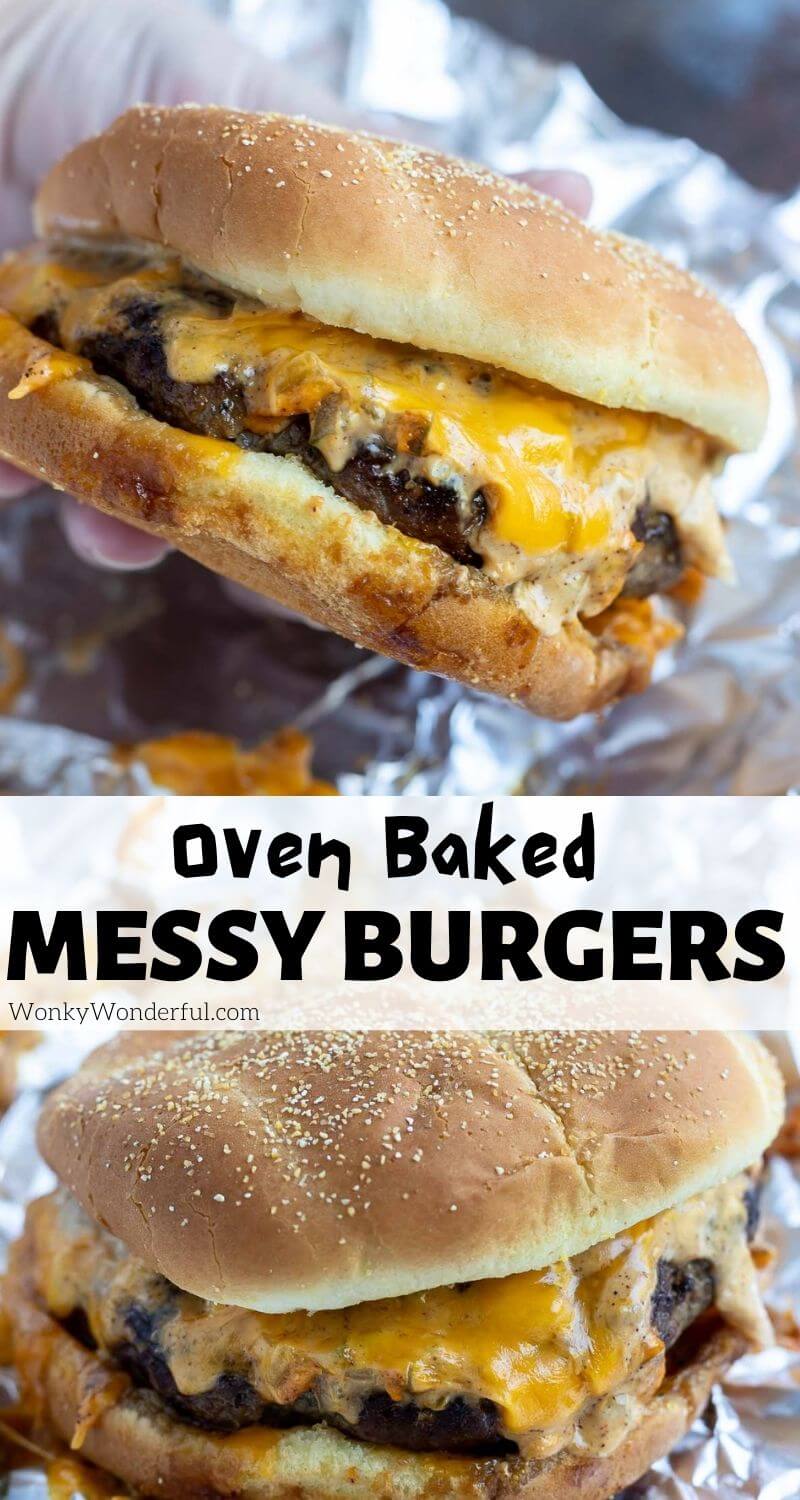 oven baked messy burgers pinnable image with title text