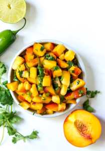 over head photo of fresh peach salsa