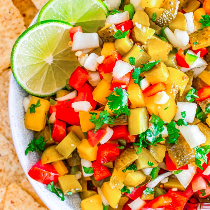 prepared pickle salsa in white bowl