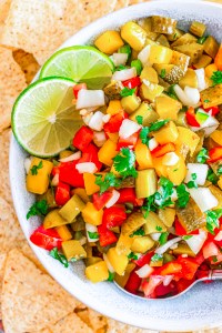 prepared pickle salsa in white bowl