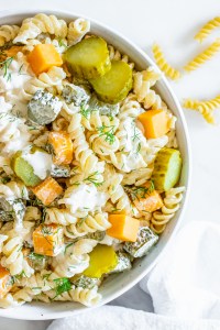 pasta salad in white dish