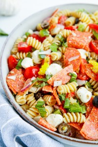 colorful pasta salad in serving dish