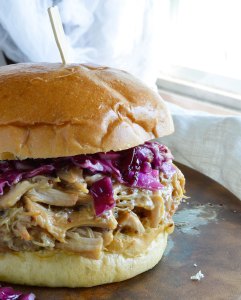 Slow Cooker Honey Mustard Shredded Chicken Sandwich Recipe - This easy dinner is made in your crockpot with just 4 ingredients! A pulled chicken sandwich with sweet and tangy honey mustard flavor!