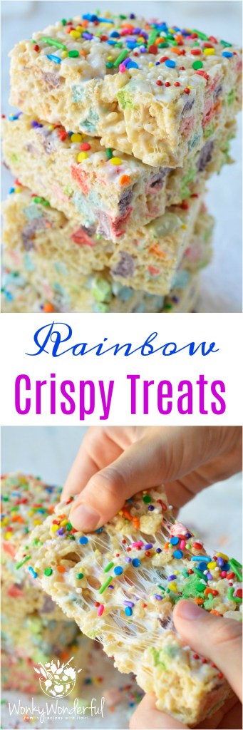 These Magical Rainbow Rice Crispy Treats are perfect for a surprise treat or a colorful unicorn party! This easy dessert recipe makes super chewy krispy treats full of magical charm marshmallows. Top them with rainbow sprinkles for the ultimate kid approved treat!