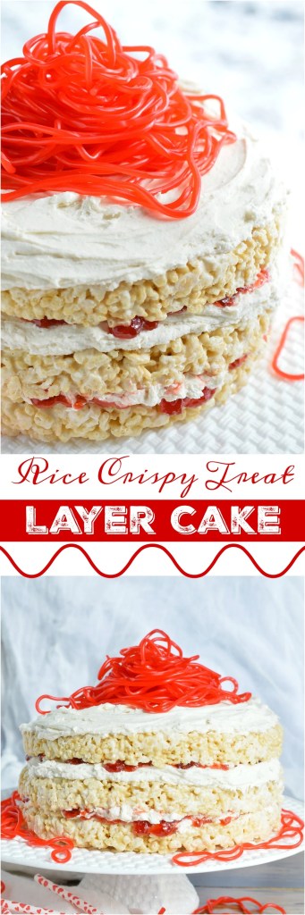 This Rice Crispy Treat Candy Cake is a fun and whimsical dessert recipe. Perfect for Valentine's Day, kids birthdays or for anyone that doesn't like traditional cake. Three layers of rice crispy treats smeared with vanilla butter cream, strawberry jam then topped with strawberry licorice ropes!