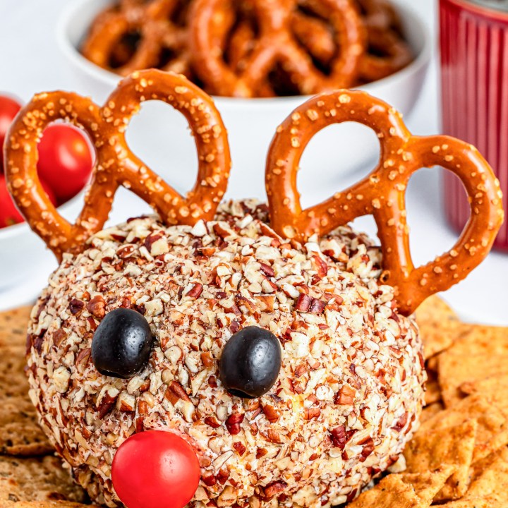 cheese ball decorated to look like a reindeer