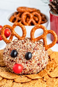 cheese ball decorated to look like a reindeer