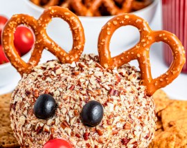 cheese ball decorated to look like a reindeer