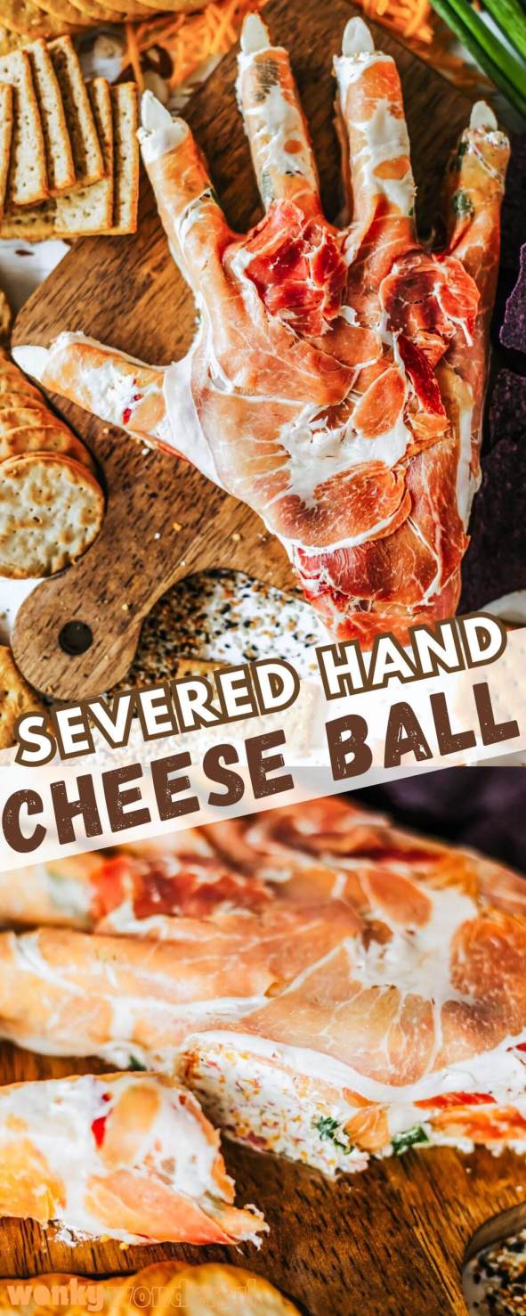 severed hand halloween appetizer pinnable image