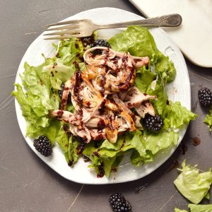 shredded pork, lettuce and blackberries on white plate with fork