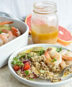 Shrimp Avocado Salad with Quinoa and Grapefruit Dressing is a bright, flavorful and healthy meal! A simple salad made with boiled shrimp, avocados, tomatoes, quinoa, micro greens and homemade grapefruit vinaigrette.