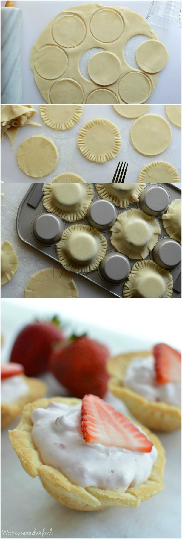 four photos - raw pie crust being cut to circles, pie dough on underside of mini muffin tin, fork pressing edges of dough, finished mini pies 