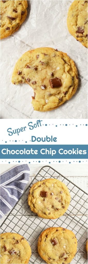 These Soft Chocolate Chip Cookies are my family's favorite treat! A special secret ingredient gives them a unique flavor and they are loaded with two types of chocolate chips! Also, this is a High Altitude Chocolate Chip Cookies Recipe. Soft, chewy, super-chocolaty and finished with a sprinkle of sea salt. #chocolatechipcookies #chocolatechipcookierecipes 