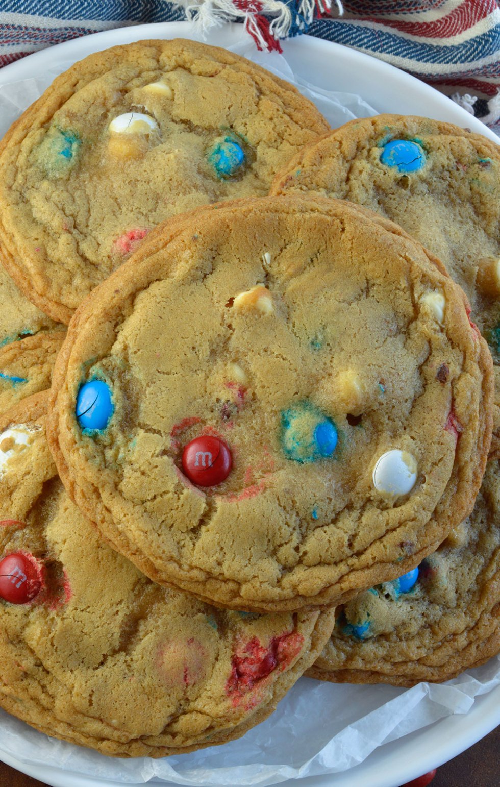 Soft Chocolate Chip Cookies Recipe with M&M's and white chocolate chips. These soft batch cookies are moist, chewy and loaded with Red White and Blue M&M's!