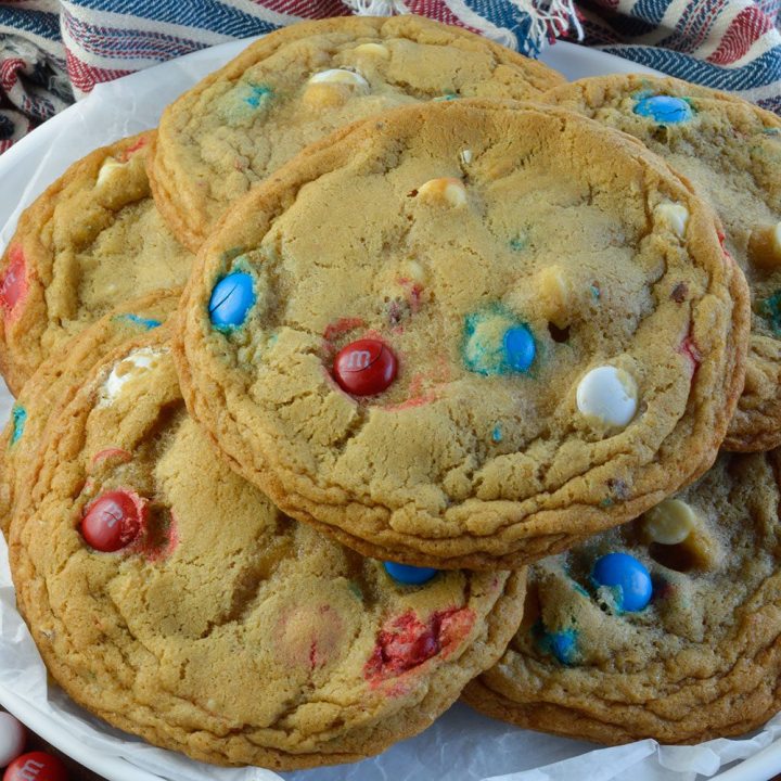 Soft Chocolate Chip Cookies Recipe with M&M's and white chocolate chips. These soft batch cookies are moist, chewy and loaded with Red White and Blue M&M's!