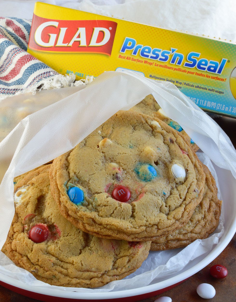 Soft Chocolate Chip Cookies Recipe with M&M's and white chocolate chips. These soft batch cookies are moist, chewy and loaded with Red White and Blue M&M's!