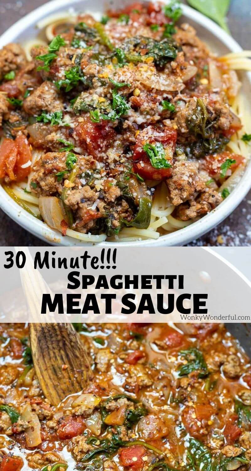 Spaghetti Meat Sauce with Spinach pinnable photo collage with recipe title text