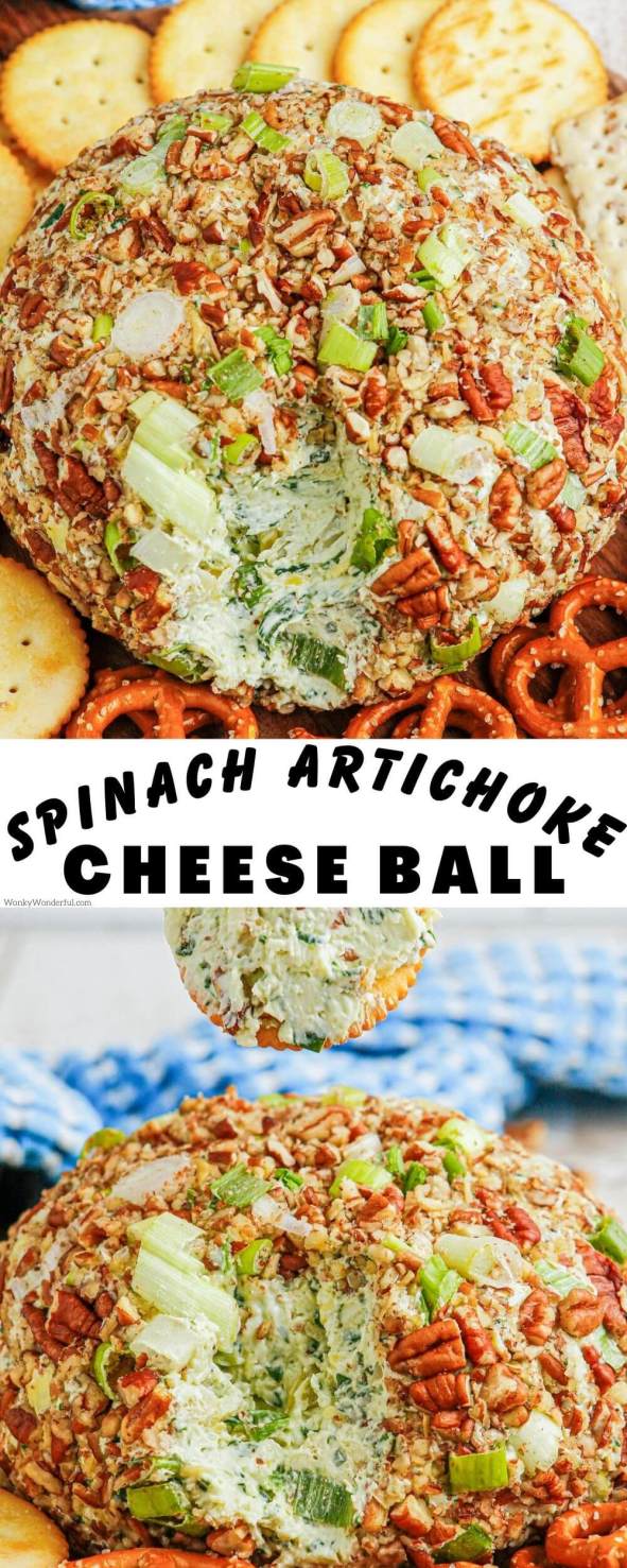 spinach artichoke dip cheese ball pinnable image with title text