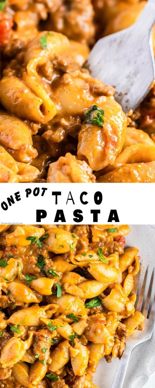 one pot taco pasta pinnable image with title text