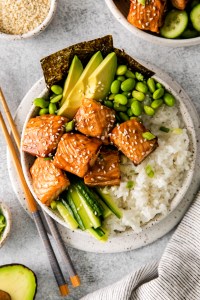 salmon, avocado and rice in bowl