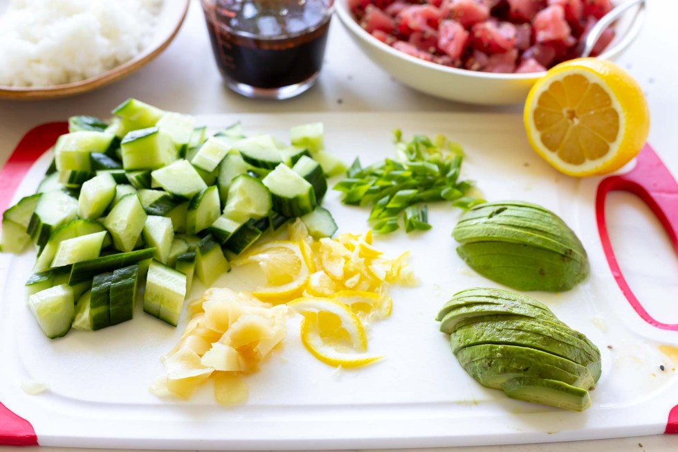 prepped ingredients on white cutting board