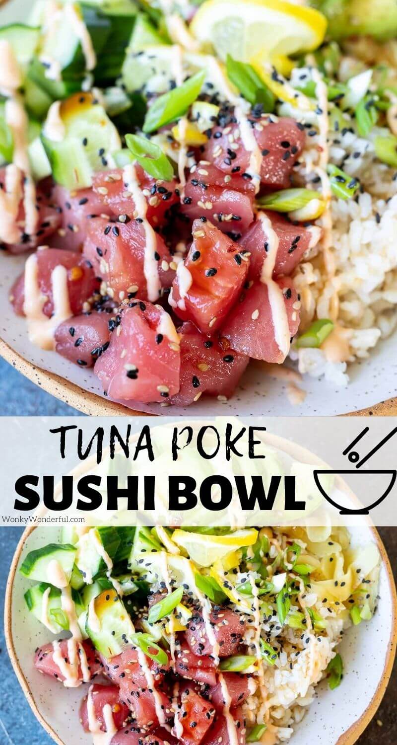 tuna poke bowl pinnable image with title text