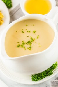 gravy in white serving dish