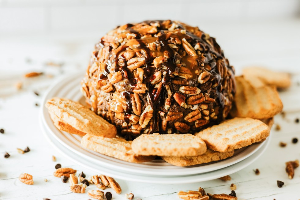 cheese ball and cookies on white plate