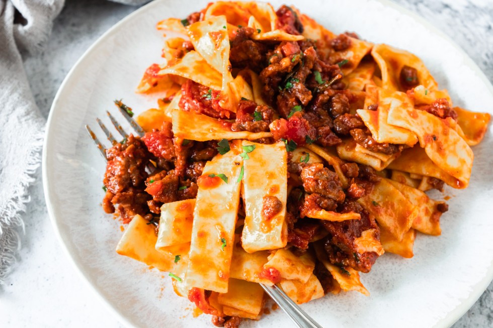 pasta and sauce with fork on a plate