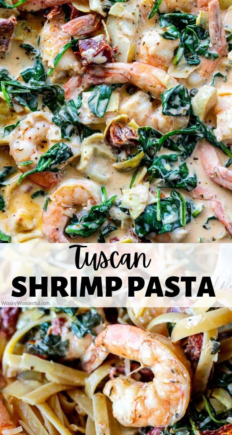 easy tuscan shrimp pasta pinnable image with title text