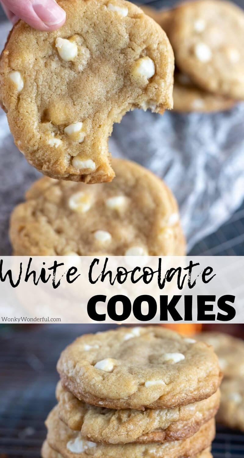 white chocolate chip cookie recipe pinnable image with title text